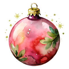 Watercolor Christmas ornament in red and green, festive decoration, holiday greeting card