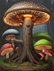 Fantasy forest landscape with magic mushrooms, Glowing mushrooms in a dreamy forest.Ai Generated