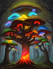 Fantasy forest landscape with magic mushrooms, Glowing mushrooms in a dreamy forest.Ai Generated