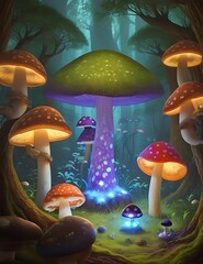 Fantasy forest landscape with magic mushrooms, Glowing mushrooms in a dreamy forest.Ai Generated