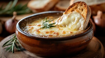 Wall Mural - A bowl of classic French onion soup topped with melted Gruyere cheese and a slice of toasted baguette, served in a rustic setting