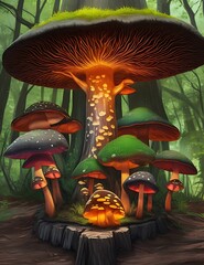 Fantasy forest landscape with magic mushrooms, Glowing mushrooms in a dreamy forest.Ai Generated