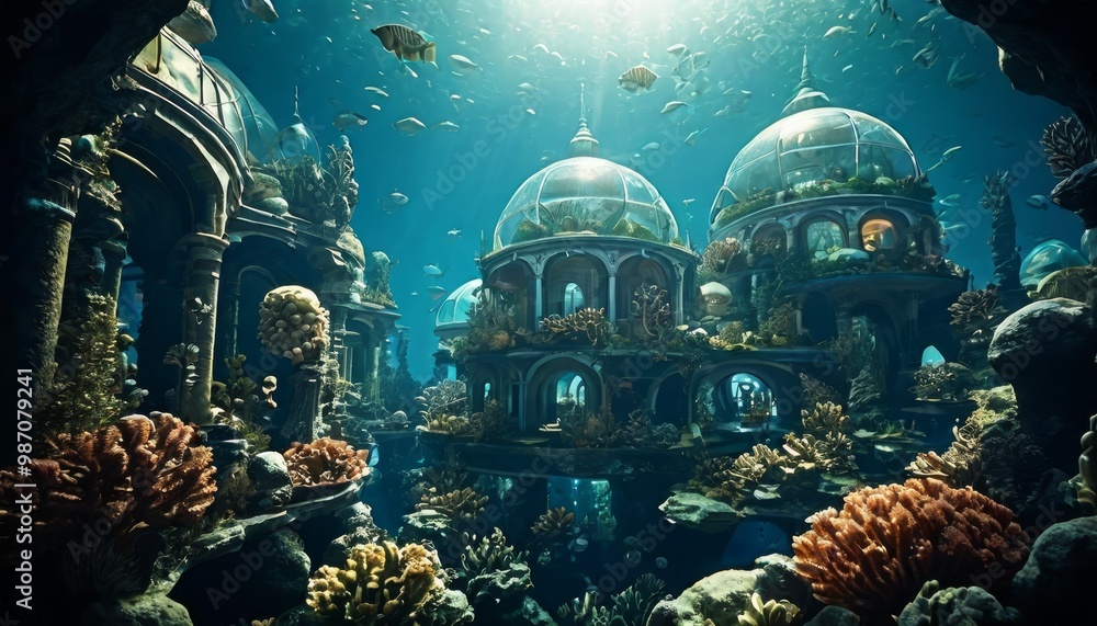 Stunning view of an underwater city with dome structures, vibrant coral ...