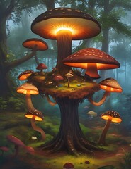 Fantasy forest landscape with magic mushrooms, Glowing mushrooms in a dreamy forest.Ai Generated