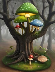 Fantasy forest landscape with magic mushrooms, Glowing mushrooms in a dreamy forest.Ai Generated