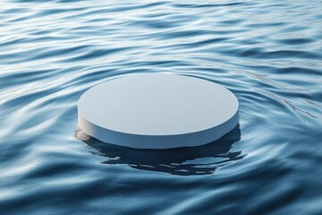 Wall Mural - A blank white circular podium floating on blue water with ripples around it.