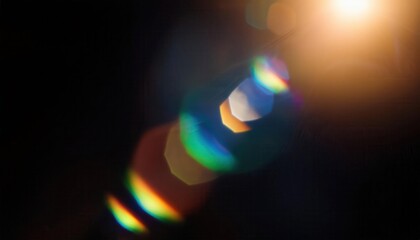 Abstract Colorful Lens Flare and Light Refractions on a Dark Background with Rainbow Bokeh Effects. Glowing Prismatic Orbs and Radiating Sunbeams in a Dreamy, Ethereal, and Vibrant Atmosphere