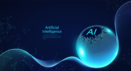 Wall Mural - artificial intelligence, global network connection. light electric lines connecting dots and lines. 