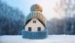 © Arthur - Cozy Winter Home Protection Concept. Miniature House Dressed in Warm Knitted Hat and Scarf, Nestled in Snow, Symbolizing Energy Efficiency and Insulation During the Cold Winter Months