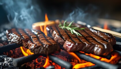 Wall Mural - Grilled dry aged wagyu steak sizzling over charcoal flames with smoke rising in the air