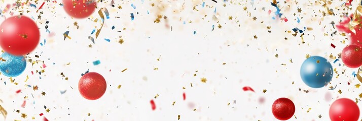 Festive background with red and blue Christmas ornaments and confetti against a white backdrop. Perfect for New Year and party celebrations.