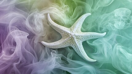 A white starfish surrounded by swirling pastel green and purple smoke, fantasy illustration style painting, high resolution