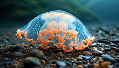 Lifeless Nomad Jellyfish resting on shadowy sand and pebble shore with its translucent bell facing upwards