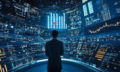 A figure stands in a futuristic data environment filled with digital displays and analytics.