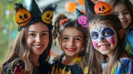 A young female teacher and her young students in imaginative carnival costumes, preparing for a Halloween celebration