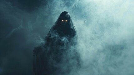 Ghost Spooky. Female Ghost with Glowing Eyes in Eerie Mist