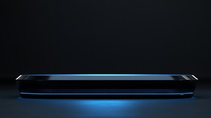 Wall Mural - A black platform with a blue neon light at the bottom, set against a dark background.