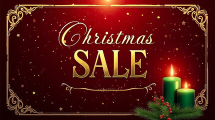 A vibrant Christmas sale banner features deep red and emerald green colors, highlighted by elegant gold details, perfect for attracting holiday shoppers