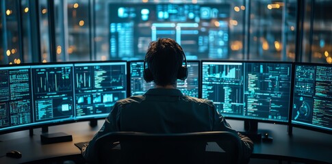 A programmer sits in front of multiple monitors with code and data displayed, working late at night in an office.