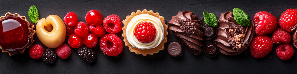 A row of desserts with a variety of flavors including chocolate, raspberry. Wide format image, website header.