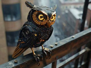 A robot owl with glowing eyes sits on a railing