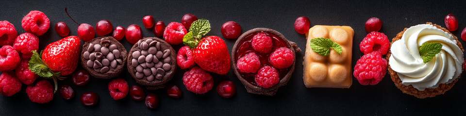 Wall Mural - A row of desserts with strawberries and raspberries on top. Wide format image, website header.