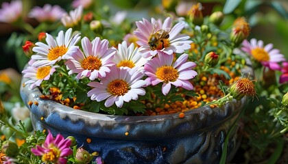 Vibrant close-up of flower pollen and royal jelly in a pot, beautifully adorned with surrounding blossoms