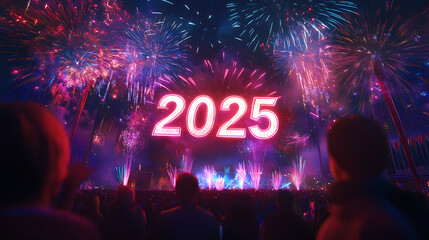 New Year Eve 2025 celebration 3D letter fireworks night sky, confetti, sparkling lights. Crowded people group celebrate Holiday festival illustration wallpaper backdrop banner background