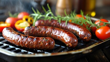 Sizzling beef sausages cooking on a hot grill pan