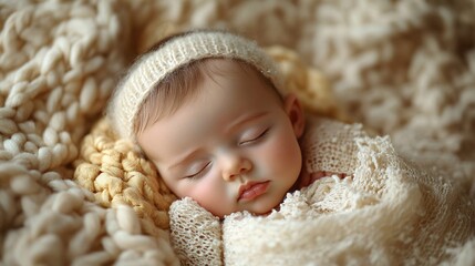 Studio photoshoot of a peacefully sleeping newborn baby, nestled in soft blankets, with gentle lighting highlighting the baby's delicate features.