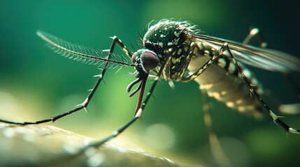 A close-up of a mosquito with its proboscis extended, ready to feed.