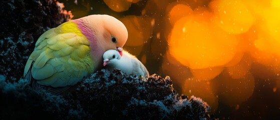 Poster -  A pair of birds perched side by side atop a heavily snow-covered tree