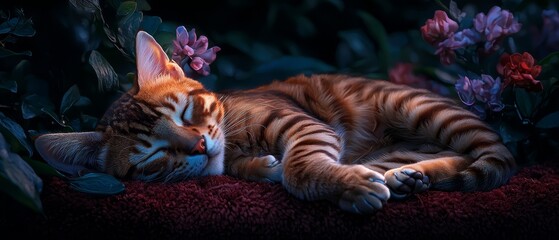 Wall Mural -  A cat naps atop a red blanket, beside a bouquet of flowers on a red-carpeted bed