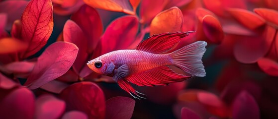  A tight shot of a fish swimming in red-hued water In the backdrop, red aquatic plants flourish Foreground displays red leaves dancing underwater