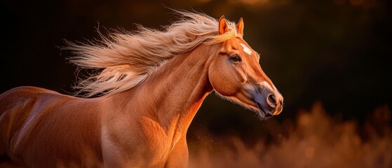 Poster -  A brown horse with long mane, golden in the sun, stands in a field of tall grasses Its serious expression fixes the camera