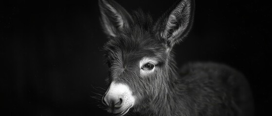 Poster -  A serious-looking donkey in a black-and-white photograph gazes directly into the camera