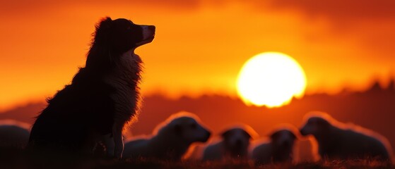  A dog gazes at a flock of sheep against a sunset backdrop  In the foreground, a dog looks up at a group of sheep; behind them, the