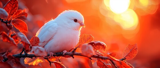 Poster -  White bird perched on tree branch, leaves in foreground, sun behind