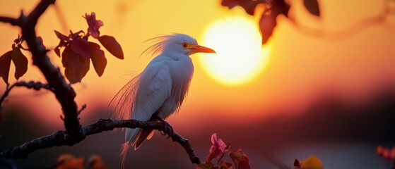 Poster -  White bird atop tree branch against vibrant orange-yellow sunback