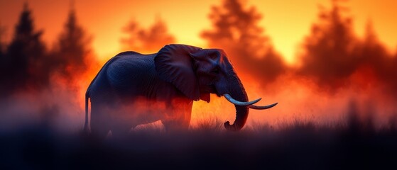 Canvas Print -  An elephant stands in a field, surrounded by trees, as the sun sets in the distance