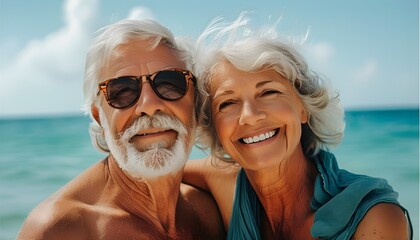 Joyful seniors embracing seaside bliss in their golden years