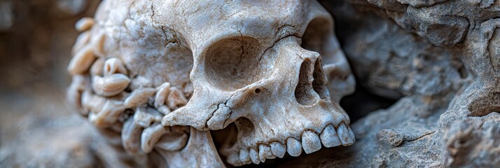 Canvas Print -  A human skull, tightly framed against a rocky backdrop, with other rocks in distant background Foreground displays a blurred human skull image