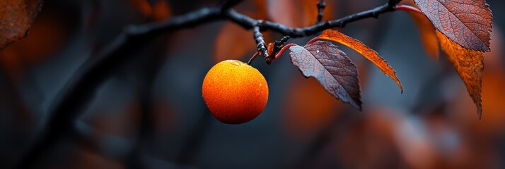 Sticker -  A tight shot of an orange on a tree branch, surrounded by foreground leaves, and a blurred background