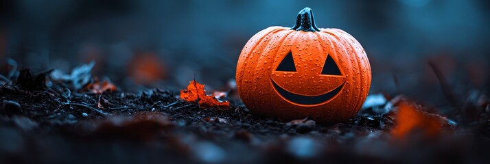 Poster -  A Halloween pumpkin grinning in the grass