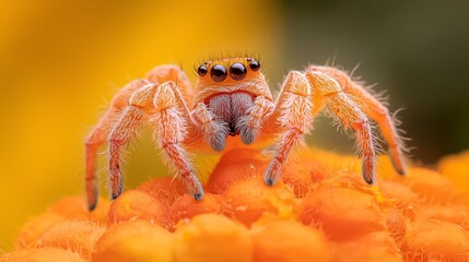 Canvas Print -  A tight shot of a spider perched atop an assortment of orange balls, each bearing small, round eyes