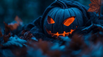 Canvas Print -  A jack-o-lantern pumpkin sits amidst a mound of leaves in a gloomy, forested area Its glowing eyes pierce the darkness