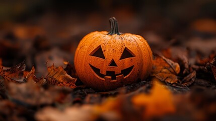 Sticker -  A jack-o-lantern atop a pile of brown and orange autumn leaves in a field