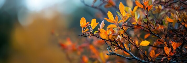 Poster -  A tight shot of a small tree, its yellow and red leaves distinct in the foreground, while the background softly blurs