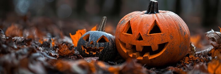  A couple of pumpkins atop a leafy mound in the heart of the forest, nestled near one another