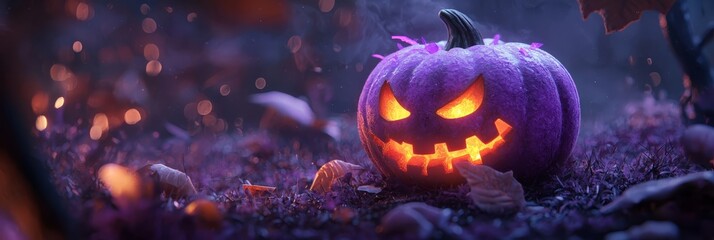 Poster -  A jack-o-lantern pumpkin sits in the midst of a field, surrounded by leaves on the ground